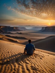 Sticker - Man sitting on a sand dune watching the sunset. AI.