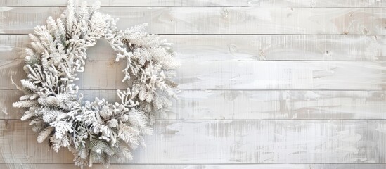 Poster - Wooden background frames a stunning white Christmas wreath with copy space image.