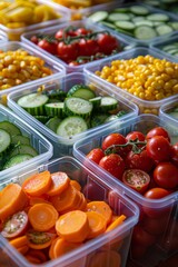 Wall Mural - Close-up view of a table covered with an assortment of colorful plastic containers filled with various fresh vegetables