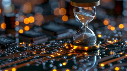 Close-up of an hourglass on a computer motherboard, representing the concept of time and technology with glowing circuit elements.