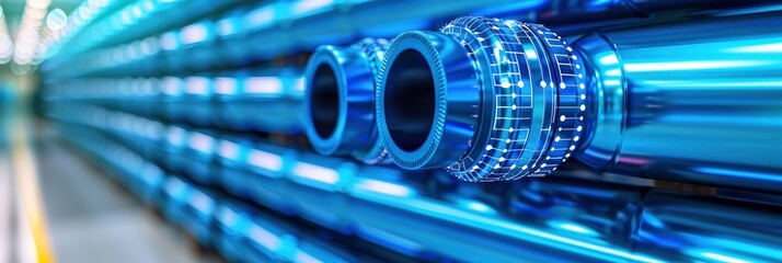 Blue steel pipes stacked in a factory with blur background