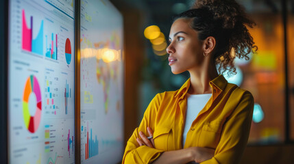 Wall Mural - A woman is looking at a computer monitor with many graphs on it