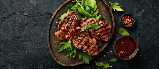 Aufkleber - A concept featuring American barbecue food with grilled pork steaks gravy spices and greens on a wooden plate against a dark backdrop viewed from the top with space for additional images