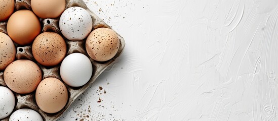 Poster - Closeup of a holder with fresh chicken eggs on a white background with copy space image