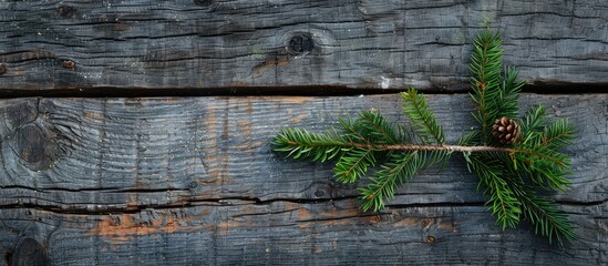 Aufkleber - Festive Christmas backdrop on weathered wood showcasing a green fir branch in the copy space image
