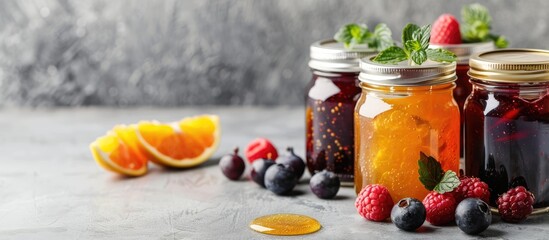 Aufkleber - Sweet jams in jars set against a neutral grey backdrop with ample copy space image