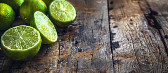 Leinwandbilder - Lime placed on a rustic wooden table in a detox diet concept with copy space image