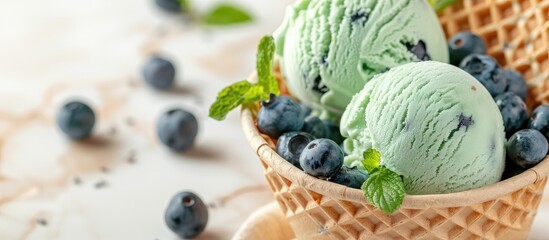 Aufkleber - Close up shot of a homemade green mint flavor ice cream with blueberries in a waffle basket with space for text or graphics in the image. with copy space image. Place for adding text or design