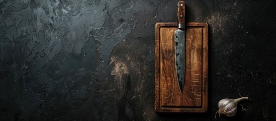 Leinwandbilder - Top view of a cutting board and knife against a dark background with space for copy space image