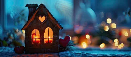 Aufkleber - Valentine s Day themed toy house with illuminated windows on a background featuring a space for additional image or text
