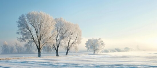 Poster - In the chilly northern winter a blanket of white snow and frost envelops everything creating a serene landscape with a captivating copy space image