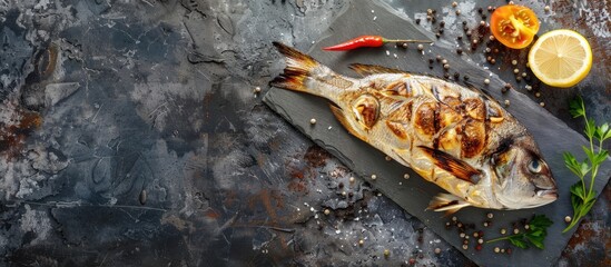 Aufkleber - Grilled dorado fish on a grunge background displayed on a slate board with copy space image