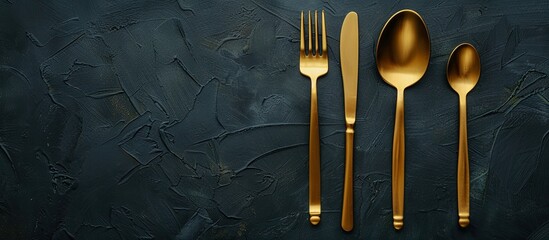 Fototapete - Elegant dining setup with golden silverware on a dark backdrop with copy space image