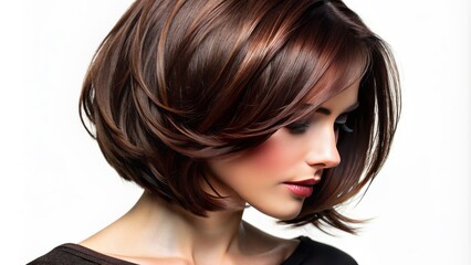 Stunning isolated macro shot of luscious dark brown bob hairstyle with subtle layered texture and gorgeous subtle highlights on white background.