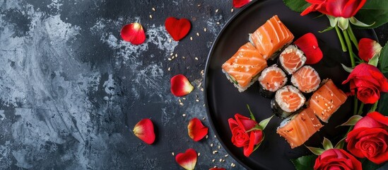 Poster - Valentine s Day dinner idea featuring a sushi roll set with heart shaped decor and a bouquet of roses shown from above with room for text in the image. with copy space image