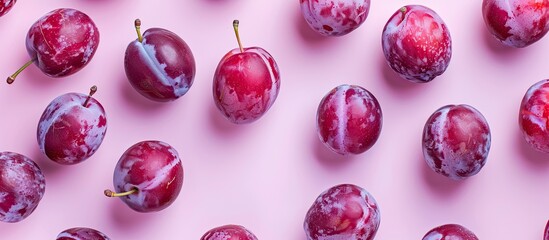 Poster - Plump ripe plums scattered on a soft pink background with gentle lighting creating a captivating copy space image