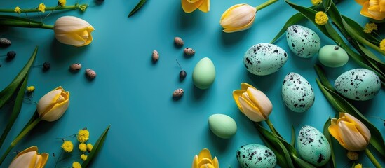 Poster - Flat lay with Easter eggs yellow tulips in a circle on a turquoise blue background creating a beautiful spring concept with room for additional content in the image