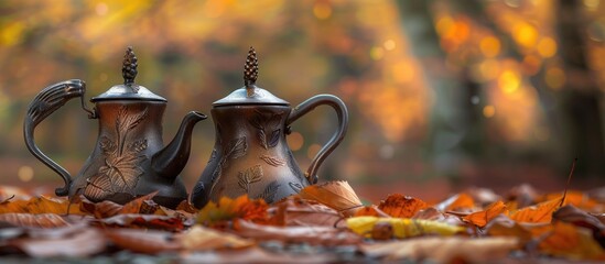 Aufkleber - Coffee pots with autumn leaves as a background create a rustic vibe in the open air setting ideal for a copy space image
