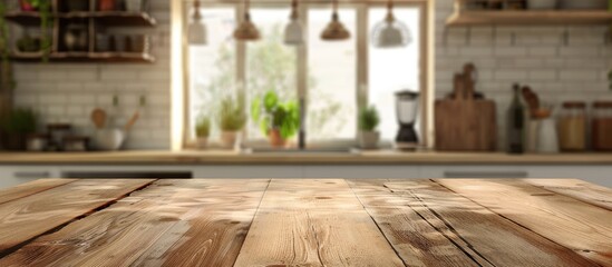 Poster - Blurred kitchen background with table top and copy space image included