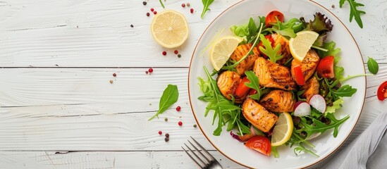 Wall Mural - Salmon dish with salad and lemon garnish on a white wooden backdrop perfect for a copy space image