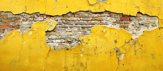 Aufkleber - Fragment of an aged brick wall from a yellow ruined building shown in a copy space image for design use