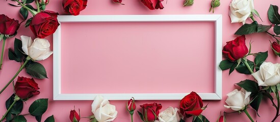 Fototapete - Floral arrangement with white frame red and white roses on a pink backdrop ideal for Valentine s or Women s Day featuring a flat lay design with a copy space image
