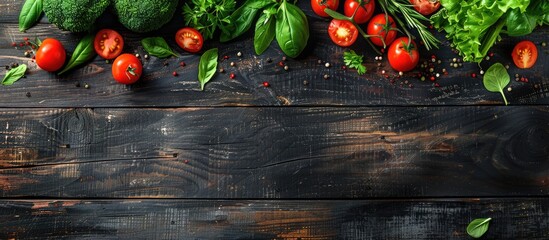 Aufkleber - Top view of fresh vegetables on a dark wooden surface suitable for menus or recipes with a spacious area for additional content in the image