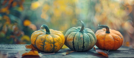 Leinwandbilder - Vintage filtered autumn pumpkins on wooden board with soft focus for a copy space image