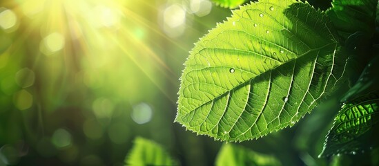Leinwandbilder - Captivating natural imagery of a vibrant green leaf set against a softly blurred backdrop of foliage and sunlight perfect as a background or wallpaper with copy space image