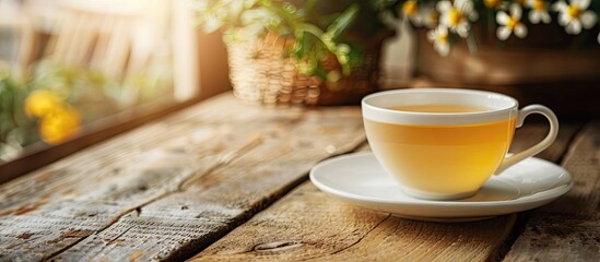 Aufkleber - Enjoy a refreshing cup of yellow herbal tea in a classic white ceramic set on a vintage wooden table in a cozy cafe with an authentic high tea presentation and copy space image