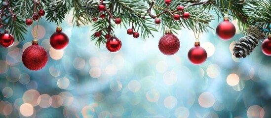 Poster - Red baubles adorning pine branches Christmas tree garland and ornaments against an abstract bokeh background perfect for a copy space image