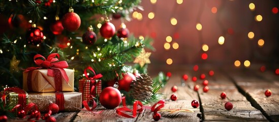 Fototapete - Happy Holidays wishes on a festive background with a Christmas tree decorations and copy space image