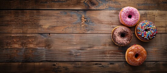 Fototapete - Donuts are displayed on a wooden surface with copy space image available for additional content