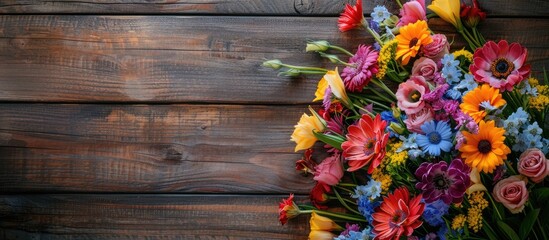 Aufkleber - Colorful flower bouquet displayed on a vintage wooden table against a background perfect for copy space image