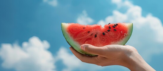 Leinwandbilder - A hand holding a juicy watermelon slice with a blue sky backdrop offering ample copy space for vacation and summer themed backgrounds and wallpapers