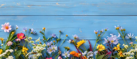 Aufkleber - Simple flatlay background with artificial spring flowers on a light blue wooden table providing copy space for a spring holidays greeting card image