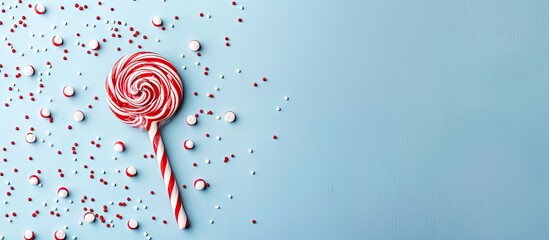 Aufkleber - Top down view of a decorative Christmas lollipop on a blue background in a flat lay composition with copy space image
