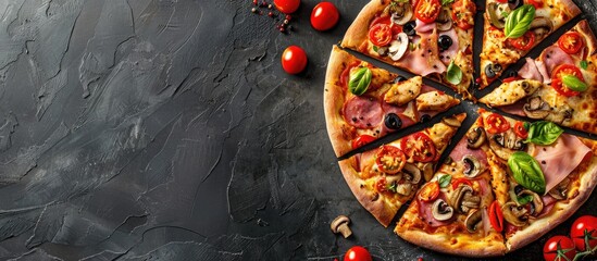 Poster - Pizza slices with cheese chicken ham mushrooms and tomatoes on a stone background for your text alongside the copy space image