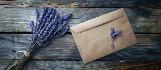 Wall Mural - Top view of a greeting card mockup with an envelope dry lavender flowers on a wooden background offering ample copy space for personalization adds a charming touch