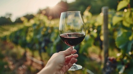 An individual standing with a hand holding a glass of red wine in a vineyard setting