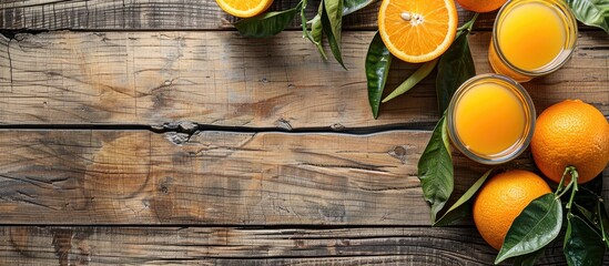Aufkleber - Fresh oranges and a glass of orange juice presented on a rustic wooden backdrop with space for adding images. with copy space image. Place for adding text or design