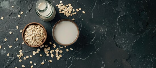 Poster - Copy space image featuring vegan oat milk a non dairy alternative in flakes displayed in a ceramic bowl alongside a glass bottle among oats set against a black stone concrete background