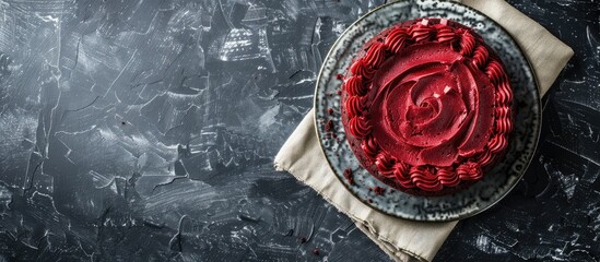 Poster - Red velvet cake atop a dark gray concrete surface with a canvas napkin allowing for a copy space image