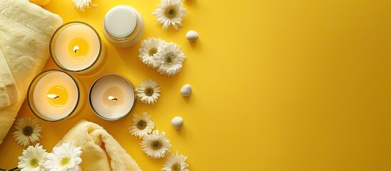 Poster - A spa themed flat lay arrangement with scented candles towel and lotion on a bright yellow surface perfect for showcasing spa concepts includes copy space image