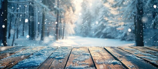 Poster - Blur winter forest background with empty wooden surface perfect for copy space image