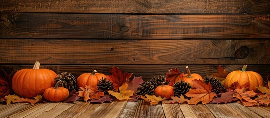 Leinwandbilder - Autumn themed dry decorations with pumpkins on a wooden backdrop create a cozy copy space image