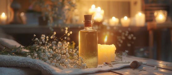 Leinwandbilder - A serene arrangement featuring massage oil a lit candle and room for additional elements in the image