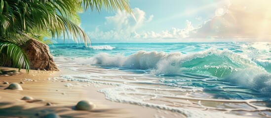Poster - Beach scene with sandy shore and ocean waves in a tropical setting is captured in the copy space image