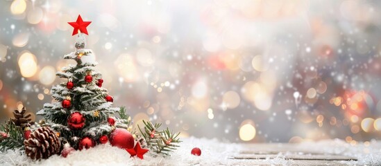 Fototapete - Happy Holidays wishes on a festive background with a Christmas tree decorations and copy space image