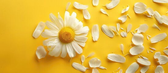 Leinwandbilder - Chamomile flower and petals in a composition on a yellow backdrop with copy space image